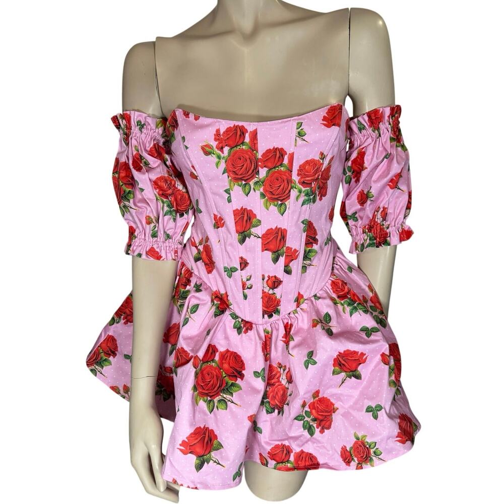 NWT Sugar Thrillz Pink Rose Corset Mini Dress XS Off Shoulder